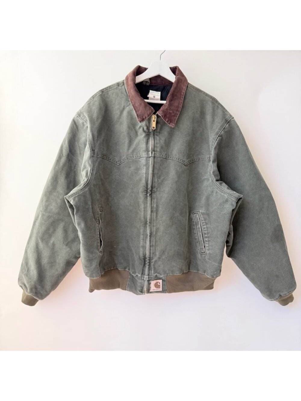Vintage Carhartt J14 MOS Detroit Jacket Moss Green Corduroy Collar Faded 2XL